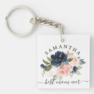 Beste mam ooit marineroze Waterverf Gold Floral Sleutelhanger