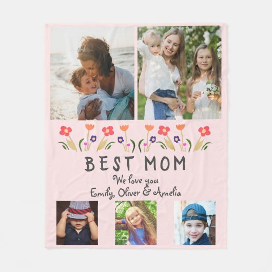 Beste mama bloemen 5 Foto Collage Keepslag Fleece Deken (Voorkant)