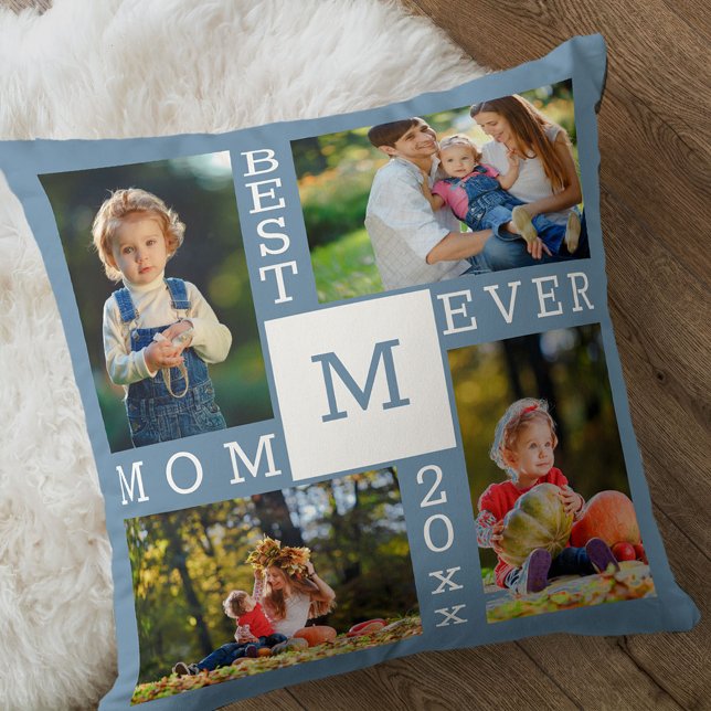 Beste mama ooit 4 Foto Collage Blue White Monogram Kussen (Creator heeft geüpload)