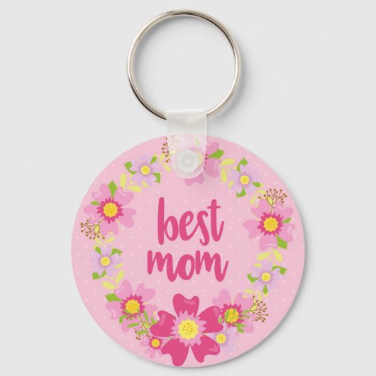 Beste mama Sleutelhanger Roze met bloemen (Voorkant)