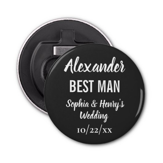 Beste man Modern Black Bachelor Party Weddenschap Button Flesopener (Voorkant)