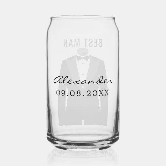 Beste Man Naam Zwart Tuxedo Trouwdatum Blikvorm Glas (Achterkant)