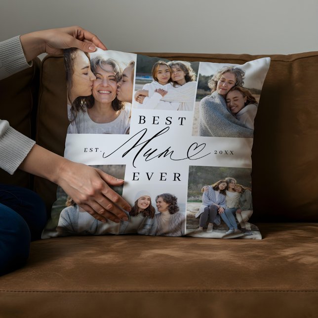 Beste moeder ooit Elegant Script Hart Fotocollage Kussen (Best Mum Ever Elegant Script Heart Photo Collage Throw Pillow)