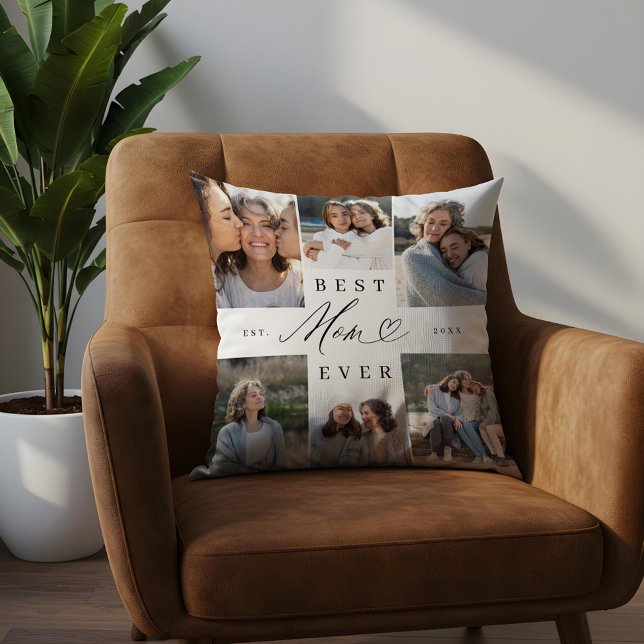 Beste moeder ooit Elegant Script Hart Fotocollage Kussen (Best Mom Ever Elegant Script Heart Photo Collage Throw Pillow)