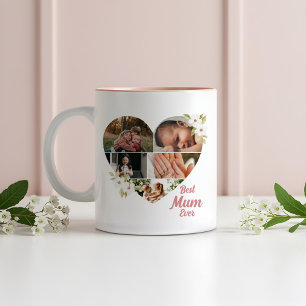 Beste moeder ooit Elegante Bloemen Hart Fotocollag Tweekleurige Koffiemok