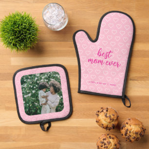 Beste moeder ooit Schattige roze hartpatroon foto Ovenwant & Pannenlap Set
