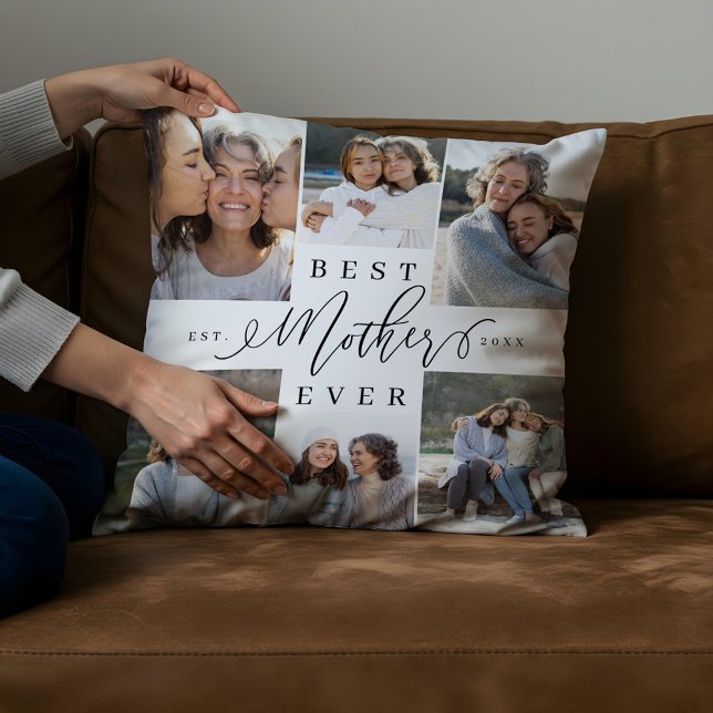 Beste Moeder Ooit Script Foto Collage Aandenken Kussen (Best Mother Ever Script Photo Collage Keepsake Throw Pillow)