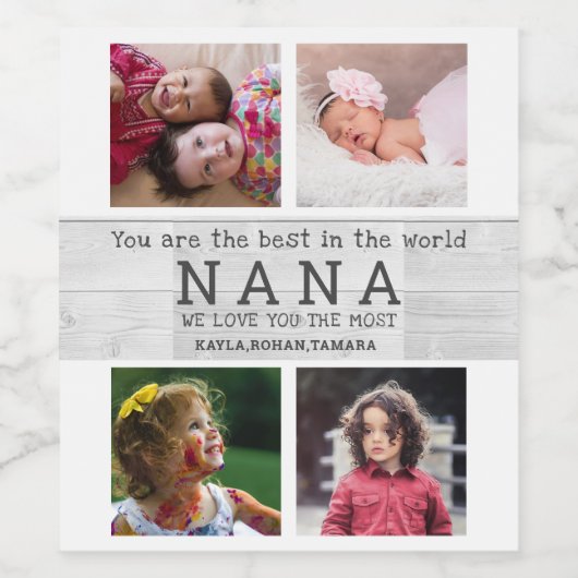 Beste Nana Moederdag 4 Fotocollage grijs hout Wijn Etiket (Enkel label)