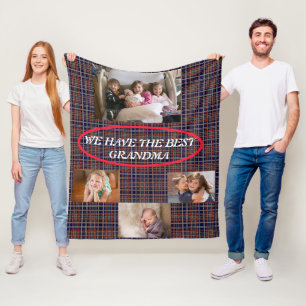 Beste oma in Schotse ruit 4 foto's Witte lettertyp Fleece Deken