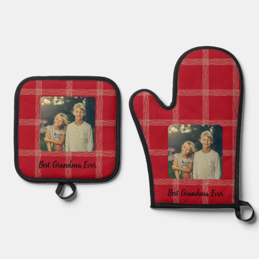 Beste oma ooit Red Gingham Custom Photo Ovenwant & Pannenlap Set (Voorkant)