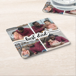 Beste Papa Gepersonaliseerde 4 Fotocollage Vierkante Kartonnen Onderzetter