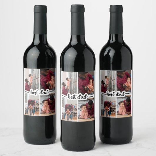 Beste Papa Gepersonaliseerde 4 Fotocollage Wijn Etiket (Flessen)