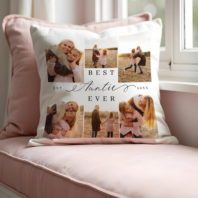 Beste tante ooit Elegant Script Fotocollage Kussen (Best Auntie Ever Elegant Script Photo Collage Throw Pillow)