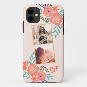 Beste vrienden Foto Collage Pink Waterverf Flowers iPhone 11 Hoesje
