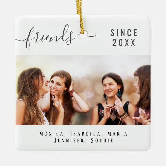 Beste vrienden foto namen wit keepsake script keramisch ornament (Voorkant)