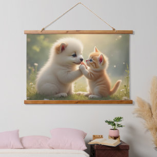 Beste vrienden, geef me vijf - leuke puppy en kat hangend wandkleed