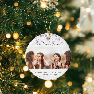 Beste vrienden paarse witte glitter foto namen keramisch ornament