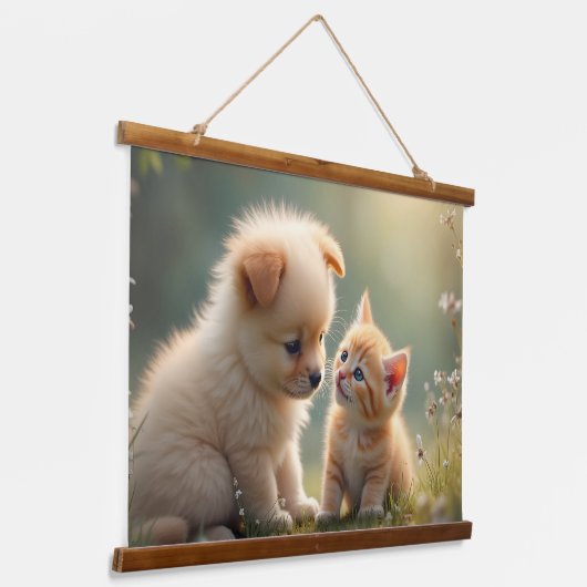 Beste vrienden - schattige puppy en kitten in het hangend wandkleed (Gebogen)