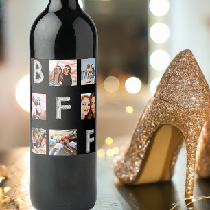 Beste vrienden zwart zilveren fotocollage BFF Wijn Etiket