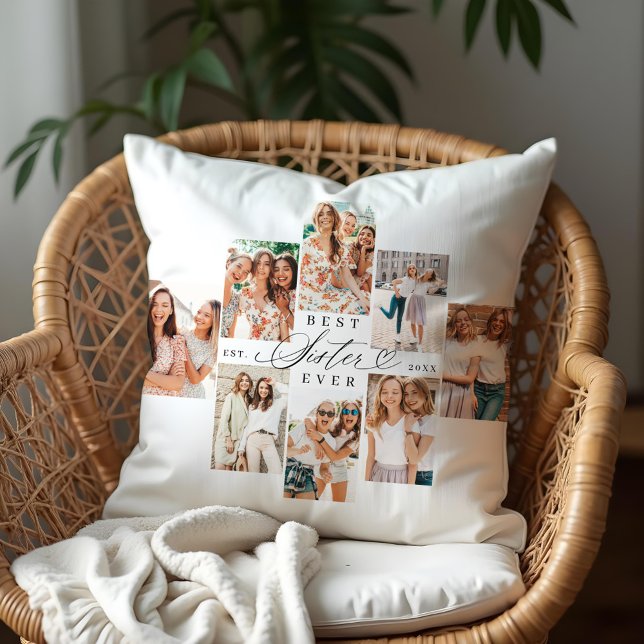 Beste zus ooit zuster script hart foto collage kussen (Best Sister Ever Sister Script Heart Photo Collage Throw Pillow)