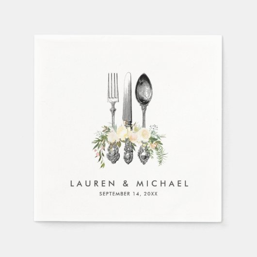 Bestek ivoor bloemengroen bruiloft servetten (Voorkant)