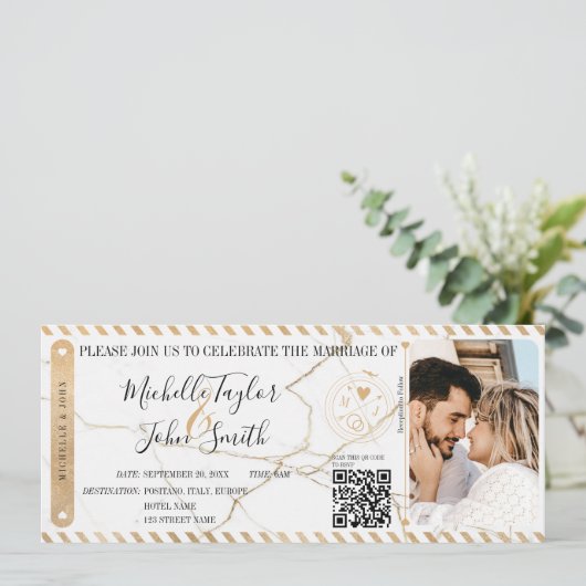 Bestemming Bruiloft Gouden Boarding Pass QR-code Kaart (Staand voorkant)