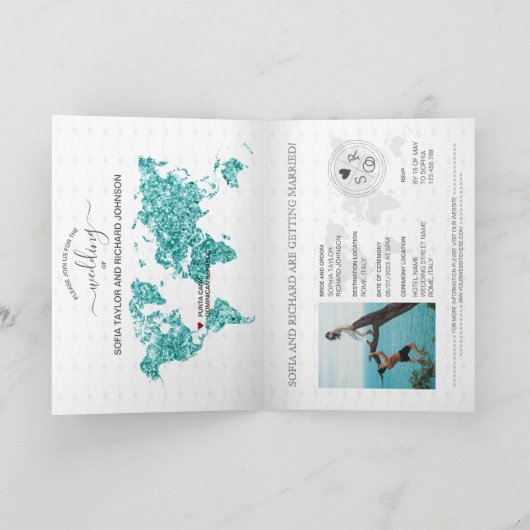 Bestemming Bruiloft Paspoort Wereldkaart Aqua Blue (Binnen)