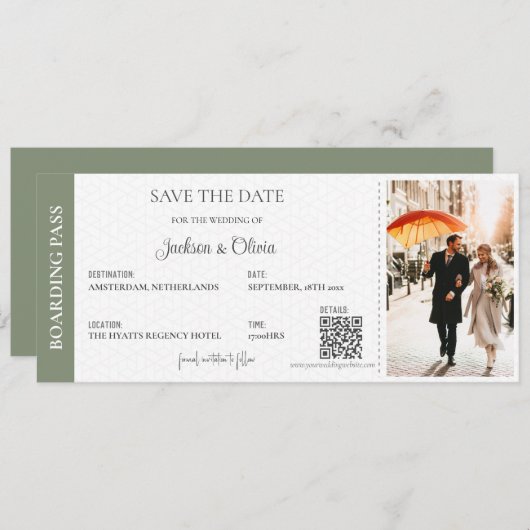 Bestemming Bruiloft Sage Groen Save The Date (Voorkant / Achterkant)
