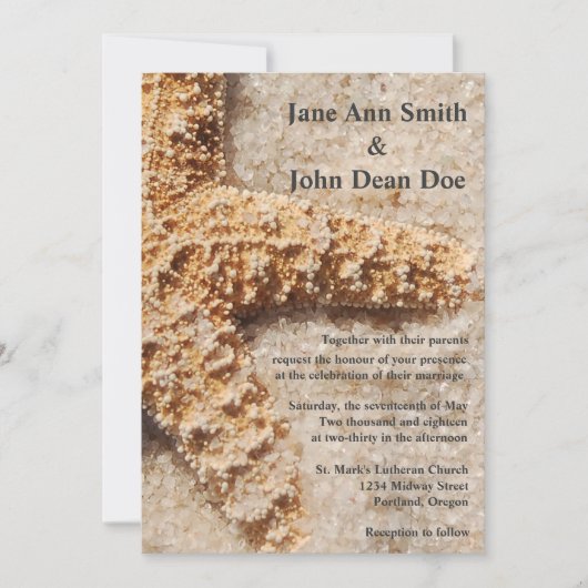 Bestemming Bruiloft Uitnodiging: Zeester in Zand Kaart (Voorkant)