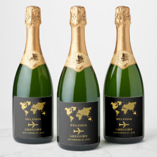 Bestemming Huwelijk Wereld Paspoort Zwart Goud Sparkling Wijnetiket