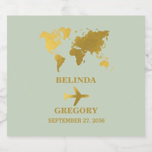 Bestemming Trouw Wereld Paspoort Sage Groen Goud Sparkling Wijnetiket (Enkel label)