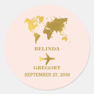 Bestemming Trouwfeest Wereld Paspoort Roze Goud Ronde Sticker
