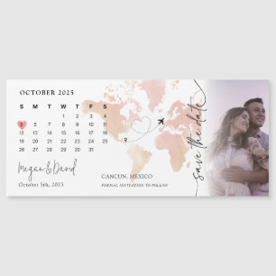 Bestemming Wereldkaart Kalender Hart Foto Bruiloft Magnetische Uitnodiging