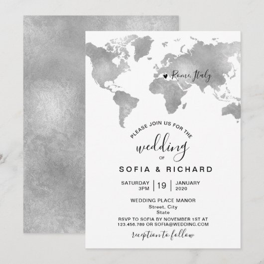 Bestemming Wereldkaart ZILVER Verplaatsbare Hart Kaart (Voorkant / Achterkant)