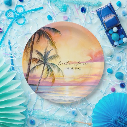 Bestemming Zonsondergang Strand Bruiloft Papieren Bordje (Feest)