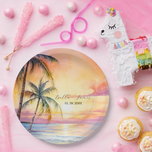 Bestemming Zonsondergang Strand Bruiloft Papieren Bordje (Feest)