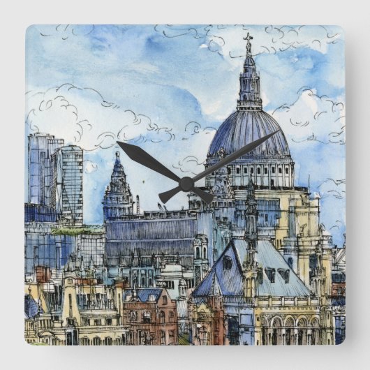 Bestemmingen | Waterverf Thames Waterfront Vierkante Klok (Voorkant)