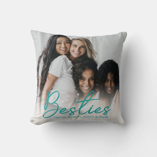 Besties Blauwgroen Script Custom Photo Sierkussen (Voorkant)