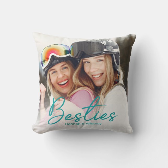 Besties Blauwgroen Script Custom Photo Sierkussen (Voorkant)
