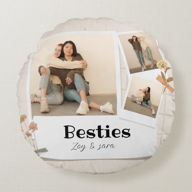 BESTIES, fotocollage en namen | BFF Rond Kussen (Voorkant)