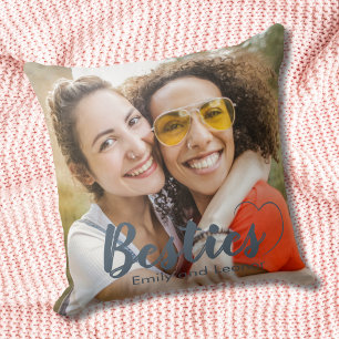 Besties Hart Foto met Namen Grijs Schrift Kussen