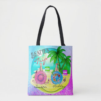 Besties trip zomer strand blauw gepersonaliseerd draagtas