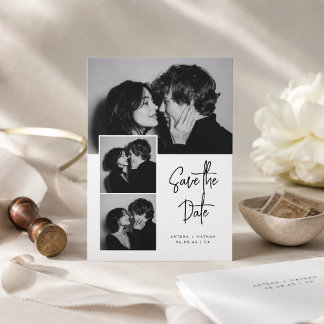 Betaalbare Luxe 3 Foto Huwelijk Trouwkaart 'Save t Save The Date
