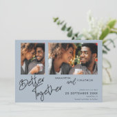 Beter samen twee blauwe foto's opslaan op datum save the date (Staand voorkant)