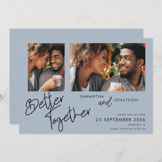 Beter samen twee blauwe foto's opslaan op datum save the date (Voorkant / Achterkant)