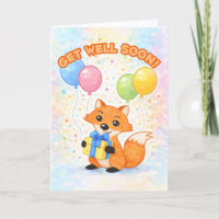 Beterschap! Knappe vos met ballonnen en een cadeau