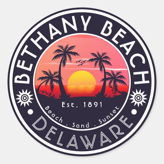 Bethany strand Delaware Sunset Beach Palm Tree 80s Ronde Sticker (Voorkant)