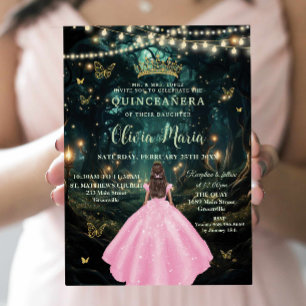 Betoverd bos licht roze jurk goud Quinceañera Kaart