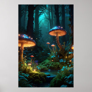 Betoverd bos met fantasiewezens en gloeiende poster