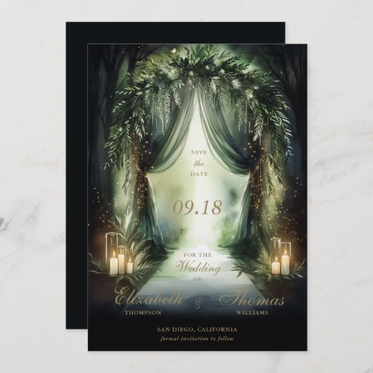 Betoverd bos Moody romantische smaragd bruiloft Save The Date (Voorkant / Achterkant)